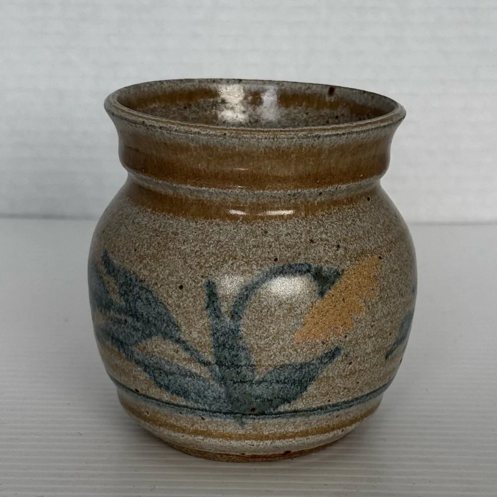 Artist Signed Studio Pottery Vase Pot Brown Teal Yellow Stripes 4x3.5”
